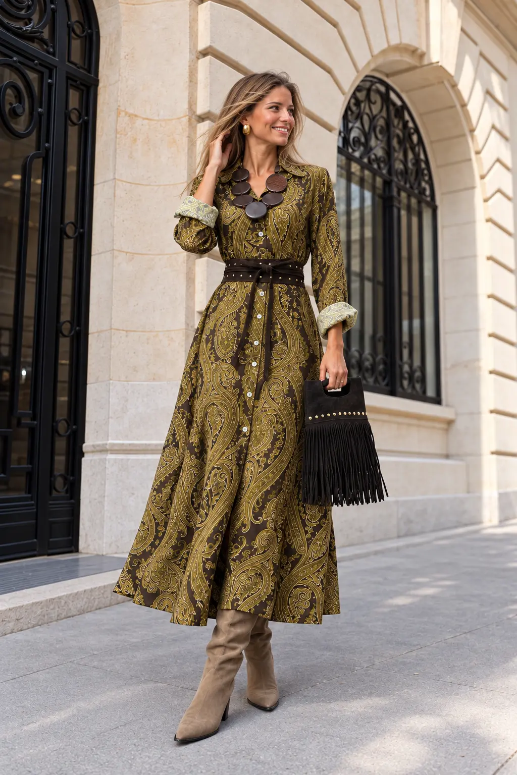 Retrato elegante em vestido paisley oliva.webp