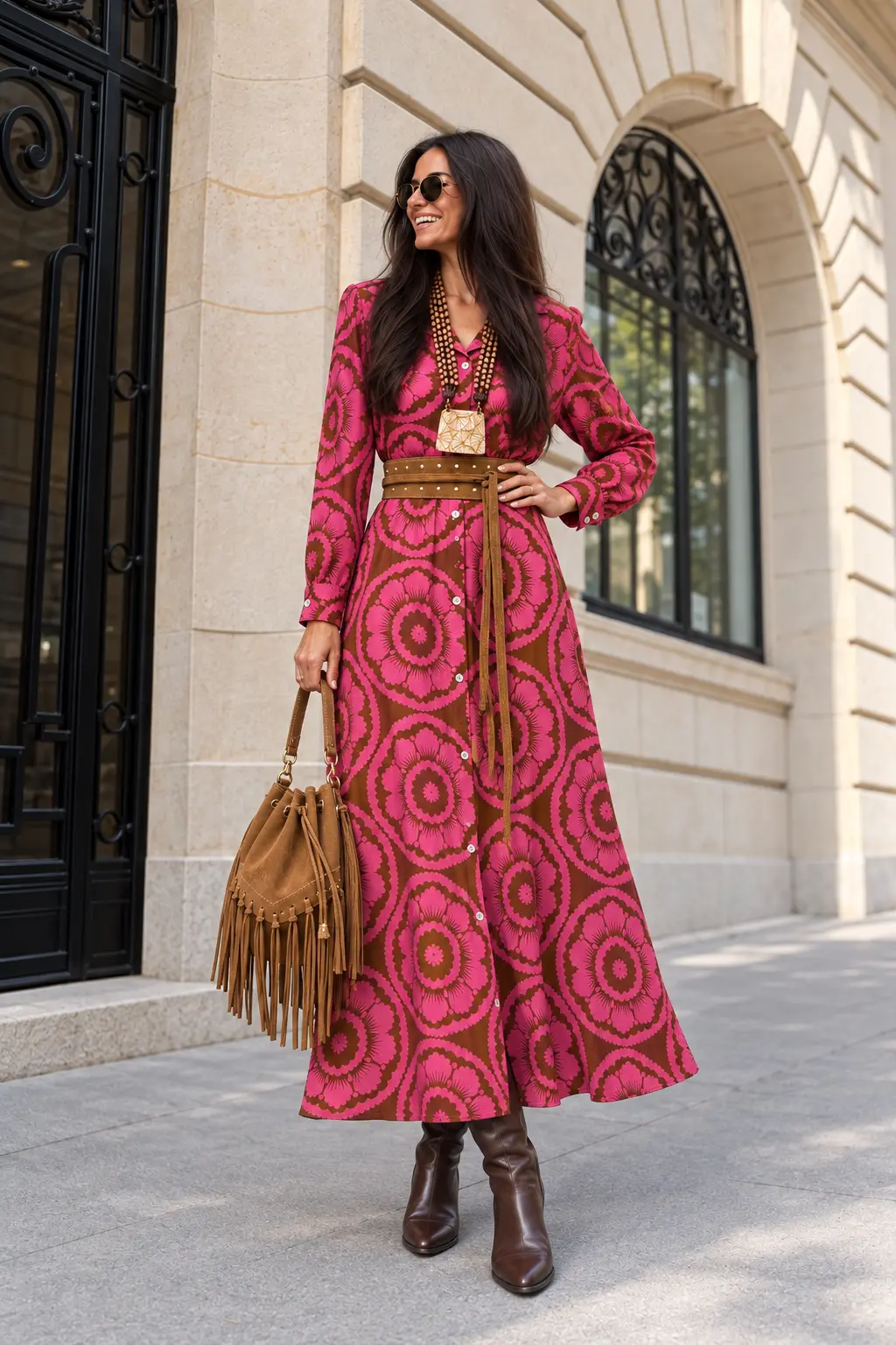 Mulher de vestido camel com flores fúcsia.webp