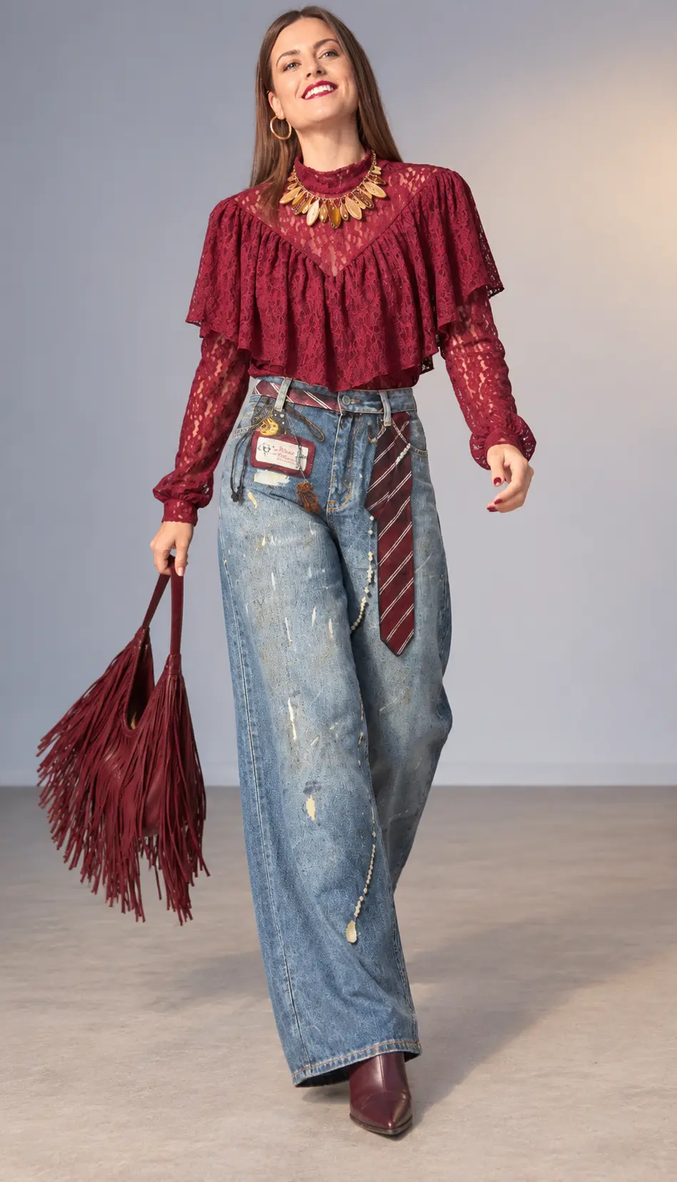 Caminhada Confiante em Borgonha e Denim.webp